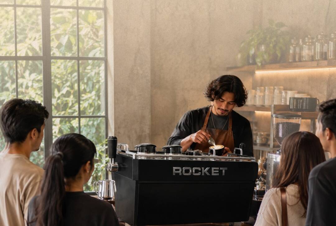 Barista steaming milk for cappuccino on a commercial espresso machine during a morning rush
