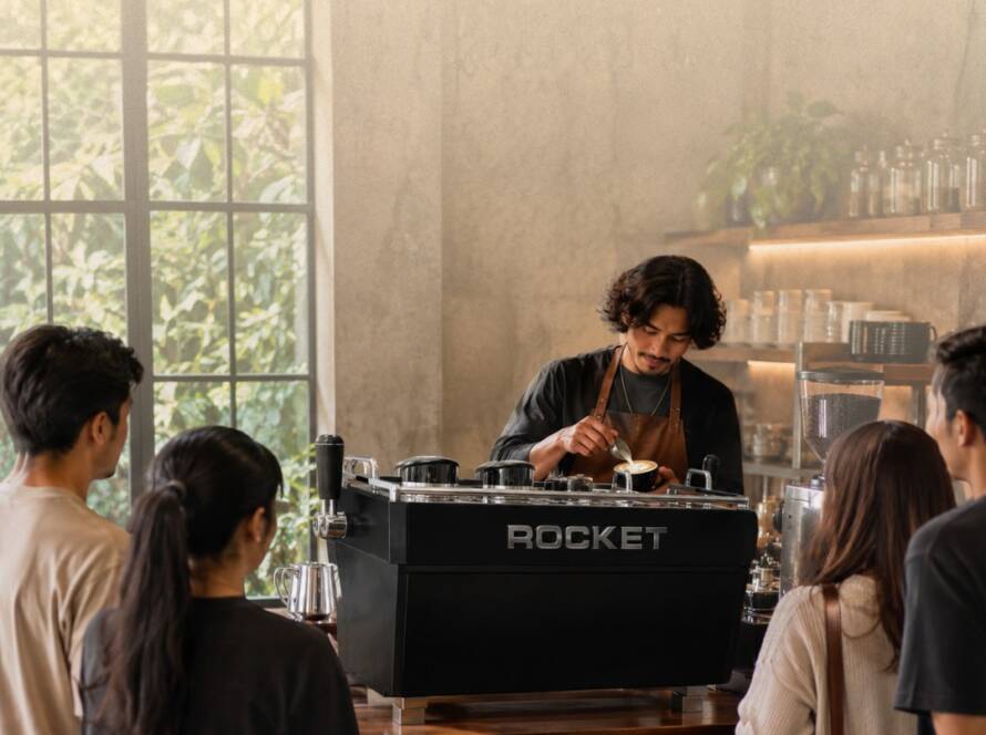 Barista steaming milk for cappuccino on a commercial espresso machine during a morning rush