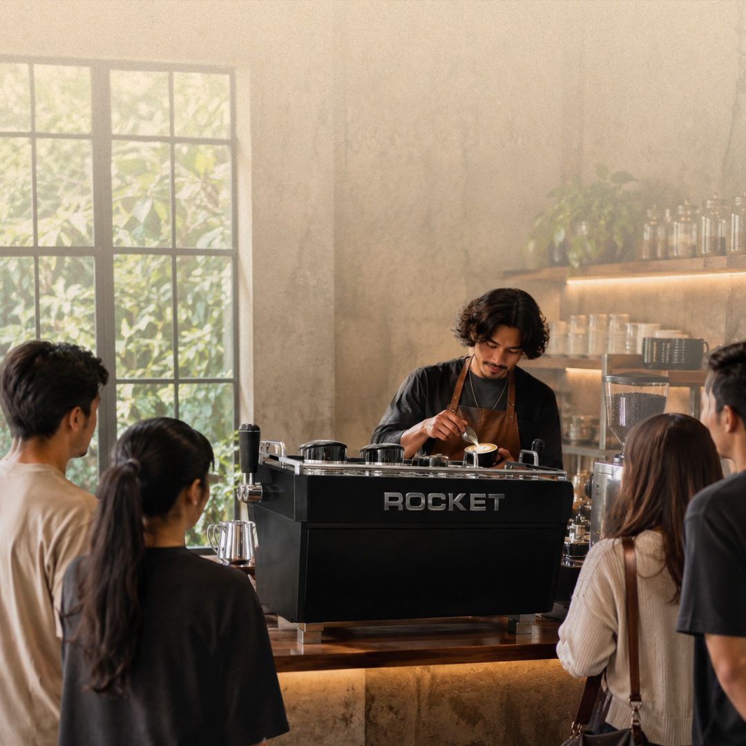 Barista steaming milk for cappuccino on a commercial espresso machine during a morning rush